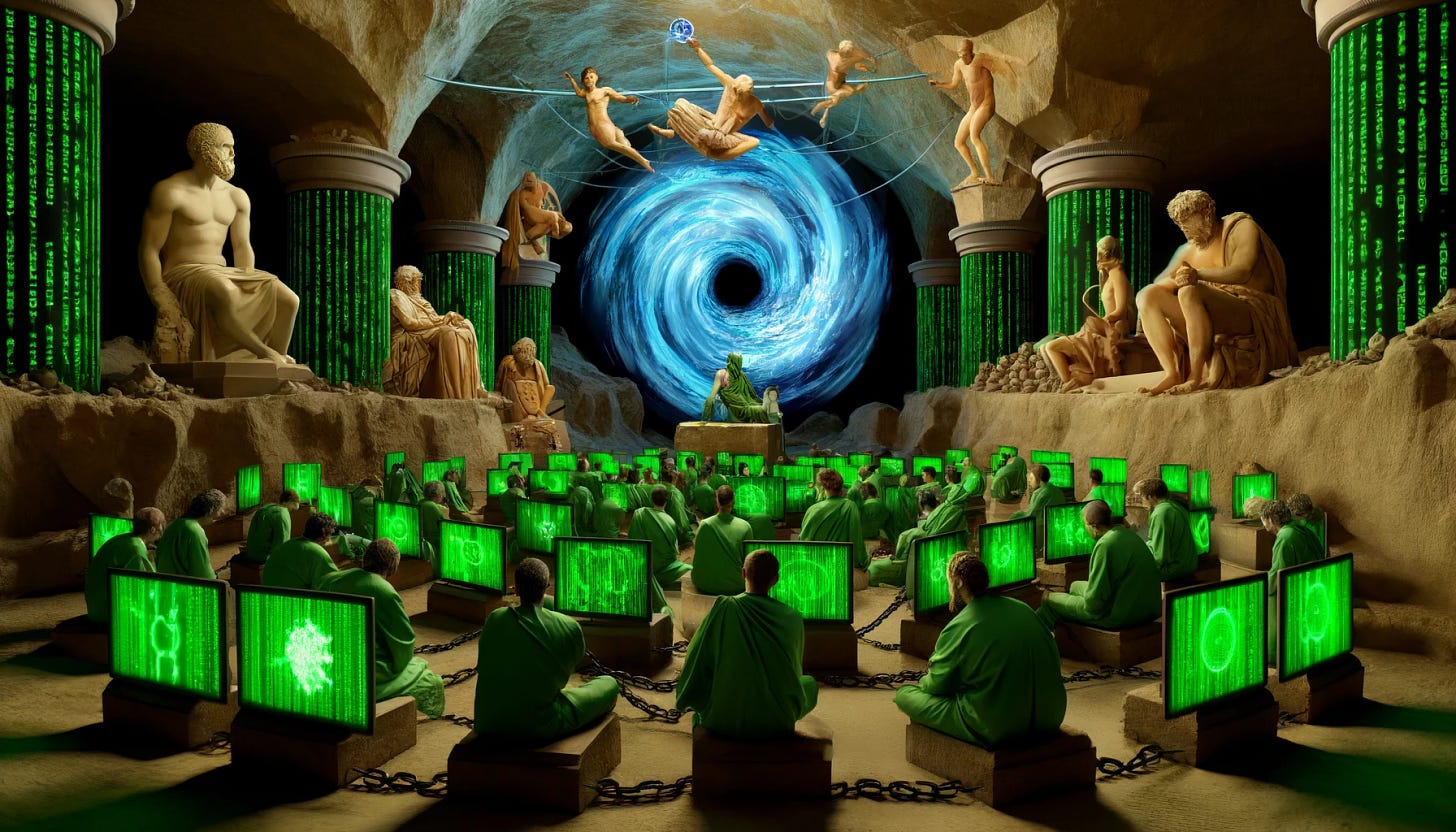 A scene blending Plato's Cave with the modern world, emphasizing the concept of isolated perceptions and fragmented realities. The prisoners, made out of green code from the Matrix, are chained and immersed in their own isolated perceptions, each staring in different directions at different screens, representing their individual reality tunnels. Elements of classical Greece blend into the modern digital chaos. The overall atmosphere is intense and chaotic, illustrating the fragmentation of consensus reality into countless individual realities. Include symbols and imagery such as interconnected pathways and spirals, to emphasize the idea of reality tunnels and the erosion of societal foundations.