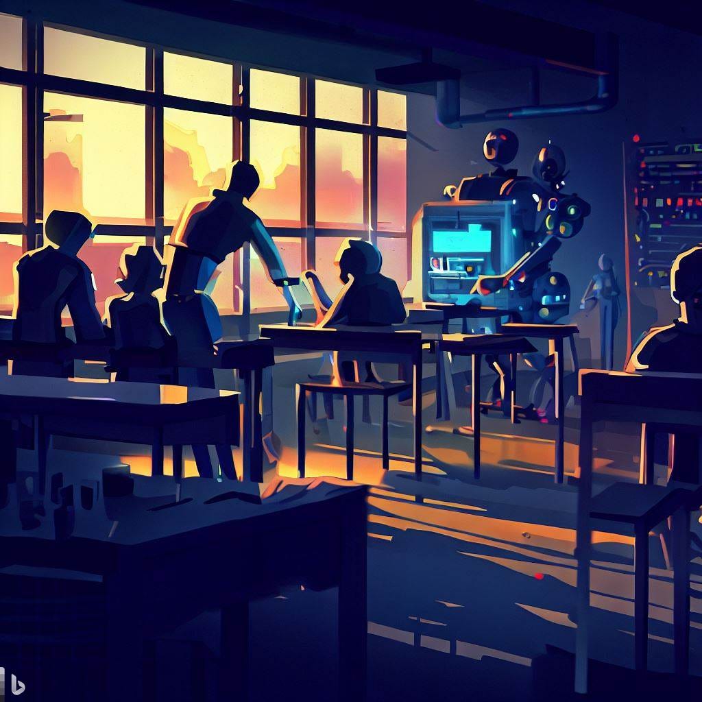 Classroom scene in evening with robots and humans conducting experiment, futuristic style, digital art, illustration