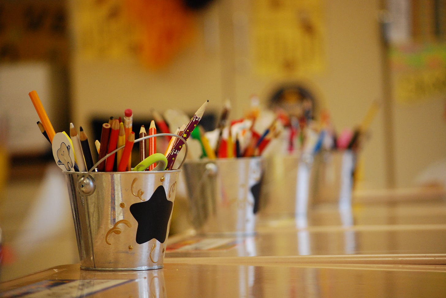 School supplies in buckets