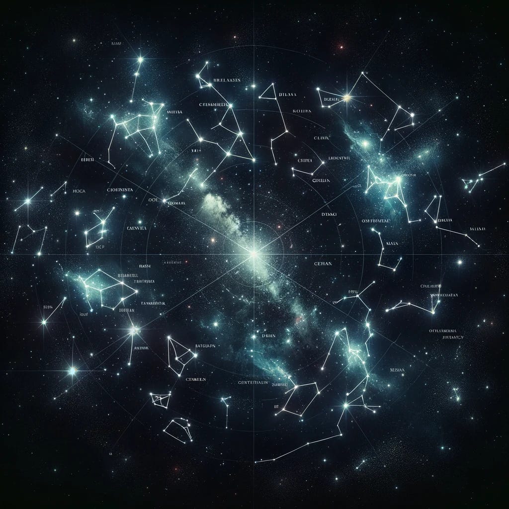 A star map showing a night sky filled with twinkling stars, with eight constellations prominently highlighted. Each constellation is connected by thin, delicate lines that trace their iconic shapes, making them stand out against the backdrop of the celestial canvas. The constellations vary in size and shape, adding to the beauty and complexity of the star map. The overall image is both educational and visually stunning, offering a glimpse into the wonders of the night sky.