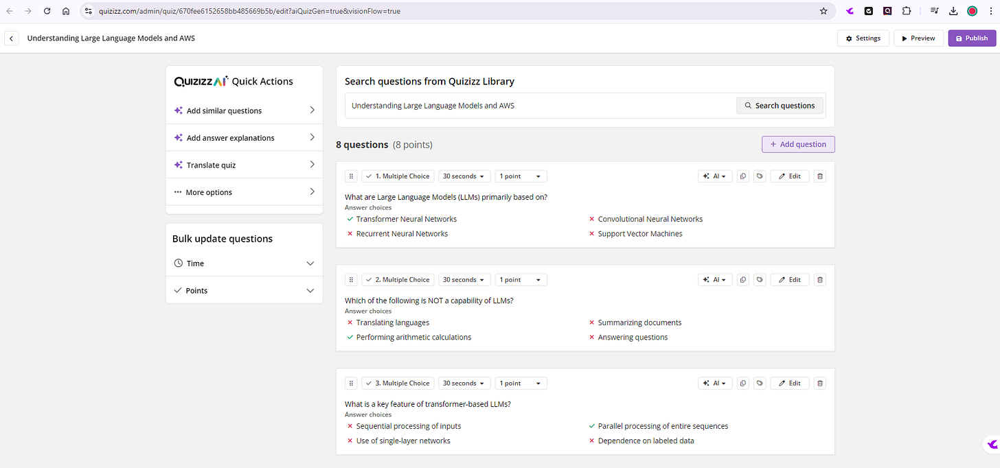 Quizizz primary quiz editing interface.