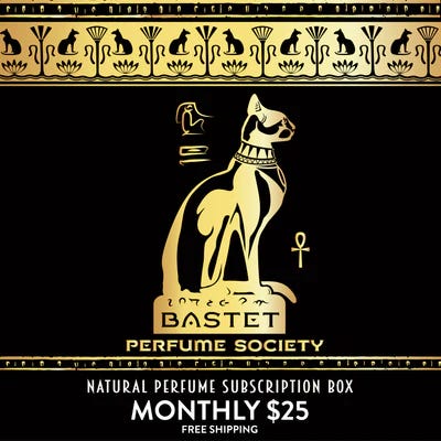 Summer Zodiac Sign Gift Guide: an image of Bastet the feline goddess is the logo for the Bastet Perfume Society, Natural Perfume Subscription Box Monthly $25