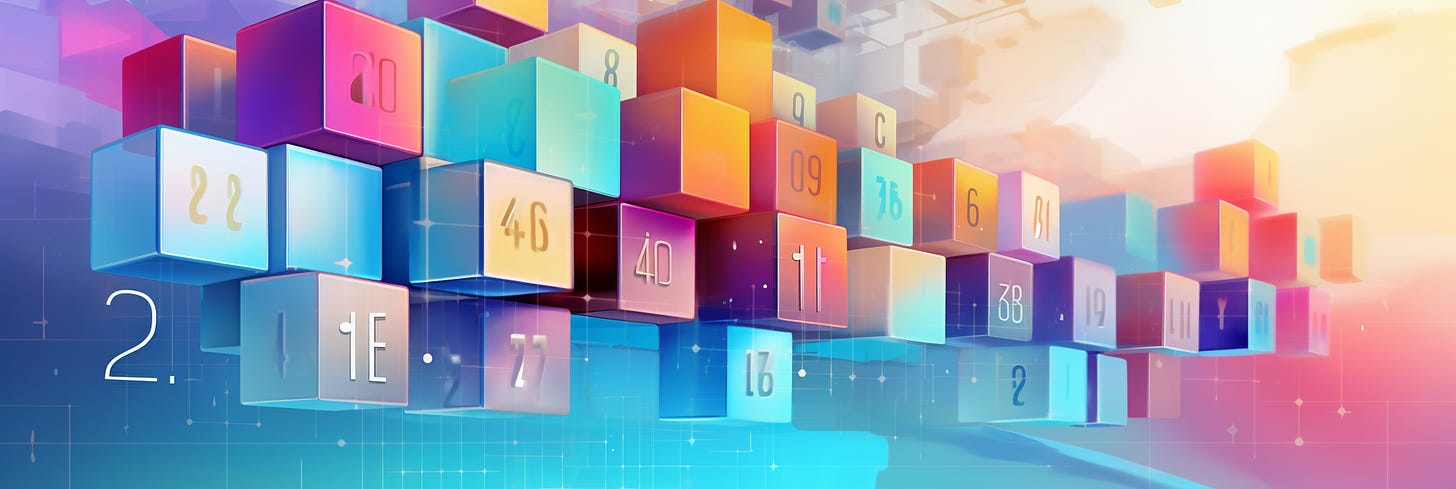 A colorful digital graphic of floating, translucent cubes with various numbers, creating a three-dimensional effect against a gradient backdrop transitioning from blue to pink.