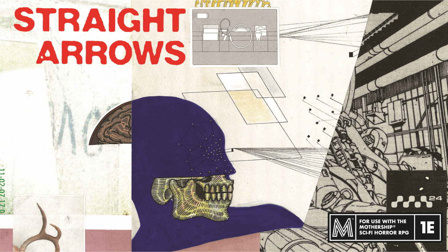 Straight Arrows hero image: collage art prominently featuring a skull's jaw against industrial illustrations.