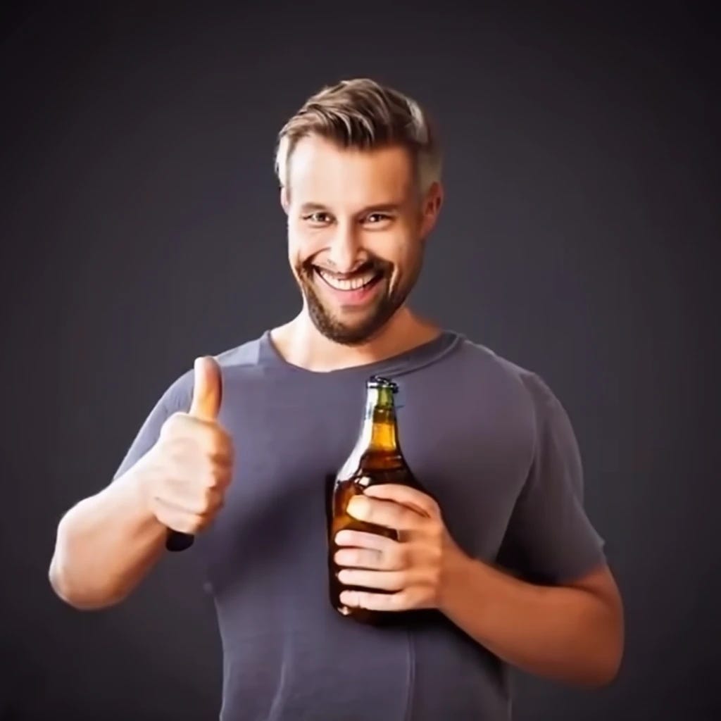 man smiling as he drinks from a bottle of beer bottoms up giving thumbs up
