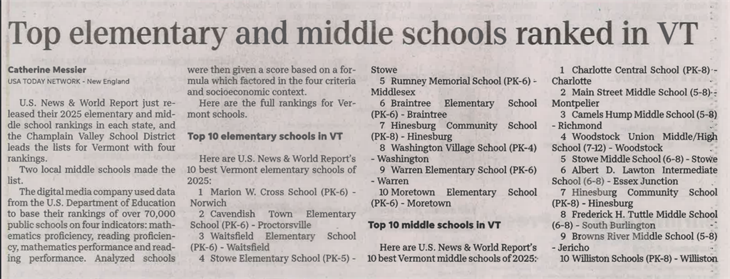 Newspaper clipping of the list of top elementary schools as ranked by US News & World. 