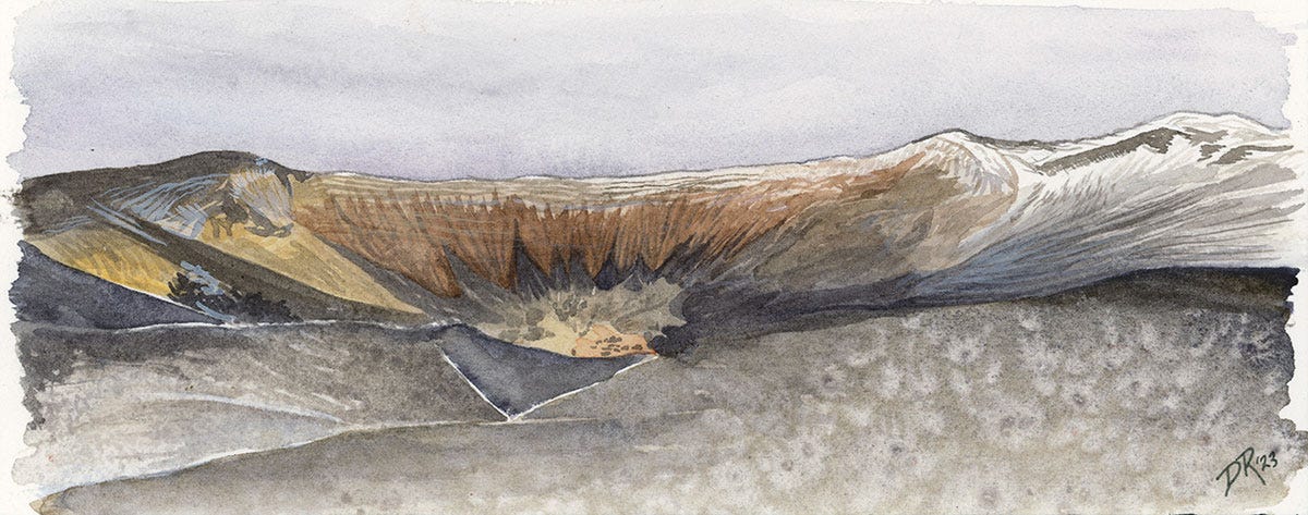 A watercolor painting of Ubehebe Crater at Death Valley National Park. An explosive volcanic crater dusted with snow against an overcast sky. The crater wall has many layers, in shades of brown, tan and orange. The foreground is darker brown, with lighter splotches of snow.
