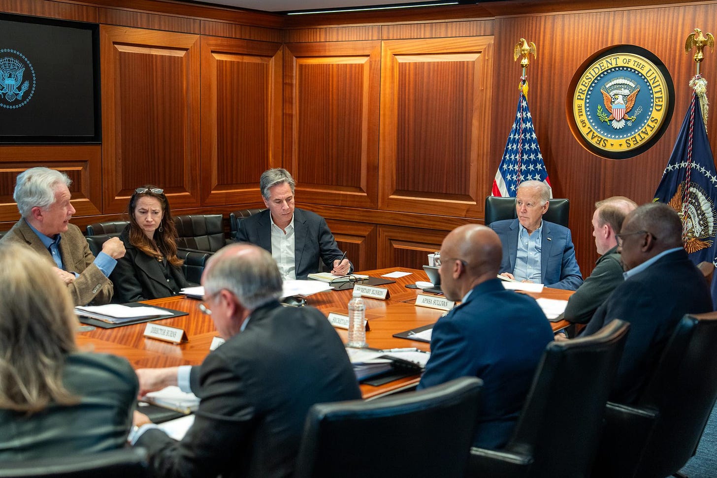  In this handout photo provided by the White House, US President Joe Biden meets with members of the National Security team regarding the unfolding missile attacks on Israel from Iran, on April 13, 2024