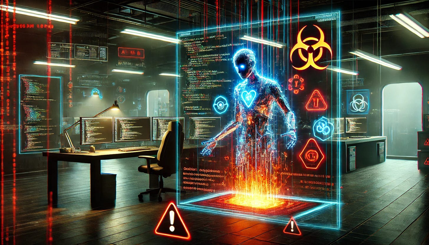 A dramatic horizontal landscape illustrating a futuristic AI coding assistant gone awry. The scene shows a high-tech workspace with a glowing holographic code editor, where a sinister-looking digital virus or glitch is visibly infecting the code suggestions. The AI assistant appears as a humanoid robot or holographic figure with corrupted and fragmented elements. The background features a dimly lit tech lab with monitors displaying warning signs and red alerts. The atmosphere is dark and tense, evoking themes of cybersecurity and AI malfunction.