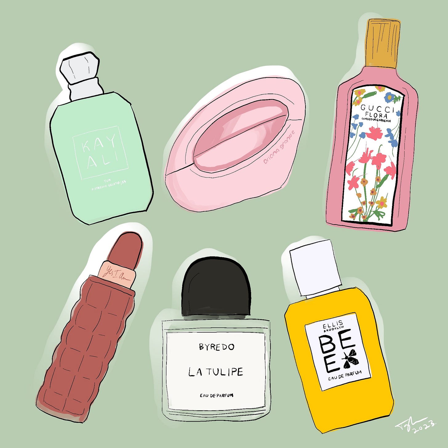 An illustration of six Easter fragrances including Kayali ‘Yum Pistachio 33’ | Ariana Grande ‘Mod Blush’ | Gucci ‘Flora Gorgeous Gardenia’ | Ellis Brooklyn ‘Bee’ | Cacharel ‘Yes I Am Delicious’ | Byredo ‘La Tulipe’