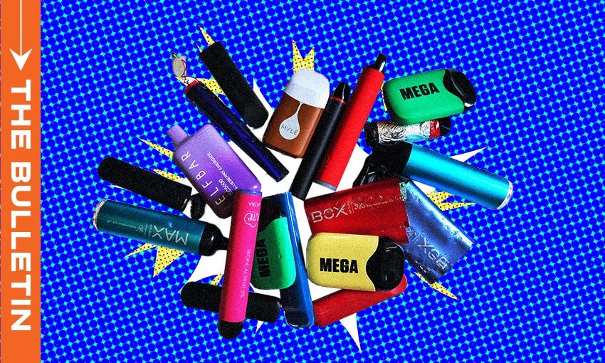 A collage of various vaping devices is displayed against a vibrant blue background with a halftone pattern, reminiscent of pop art.