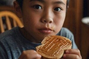 A boy eating peanut butter on bread