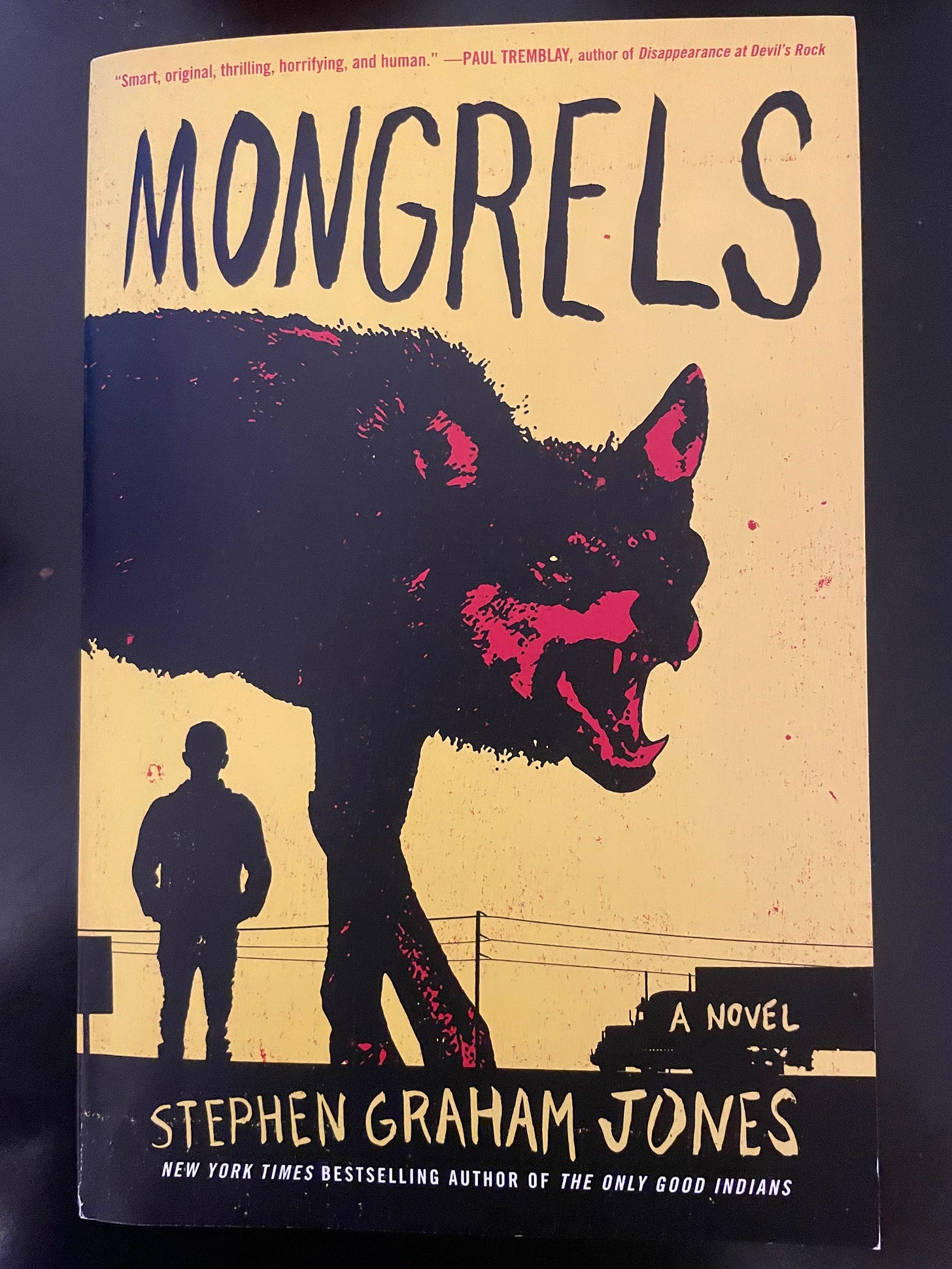 book: 'Mongrels' by Stephen Graham Jones. The cover is black and yellow with a red and black wolf and the silhouette of a boy against telephone phones and a semi truck