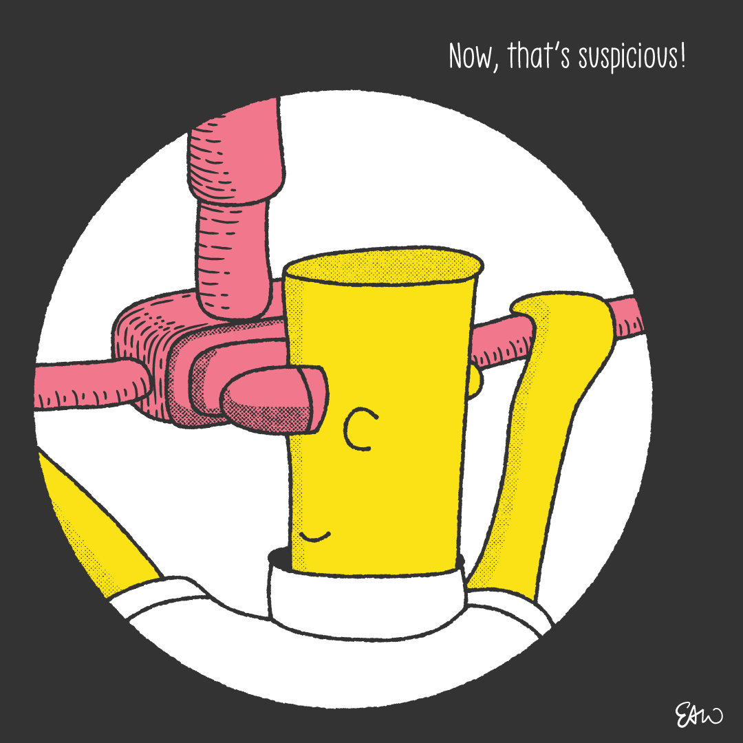 Closeup of a character looking through a periscope frame within a circle suggested they are also being spied on. The caption reads, Now that's suspicious.