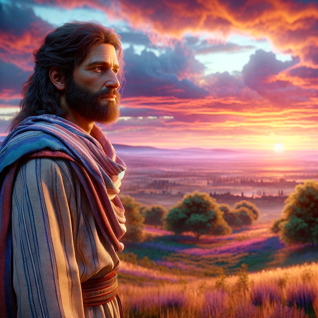 A photorealistic image of a man with long hair and a beard, wearing ancient Middle Eastern clothing, standing on a hill. He is looking at a breathtaking sunset with vibrant colors such as orange, pink, and purple. The sky is filled with fluffy clouds reflecting the sunset's colors, and the surrounding landscape is serene with a few trees and grass. The man is depicted in a contemplative pose, gazing at the sunset with a peaceful expression.