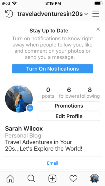 Instagram stay up to date notification page