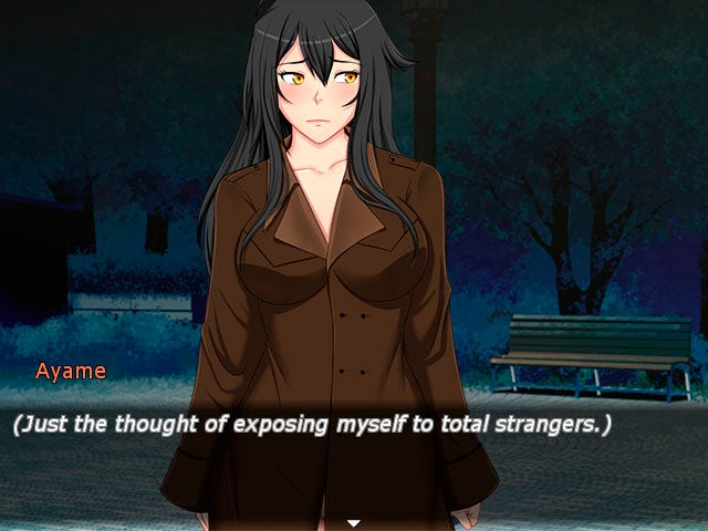 Ayame is about to flash her nude body to a bunch of strangers