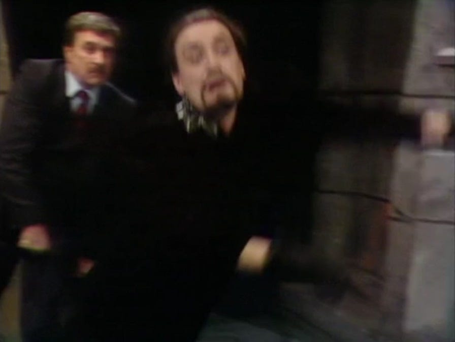 The Brigadier whacking the Master in The Five Doctor