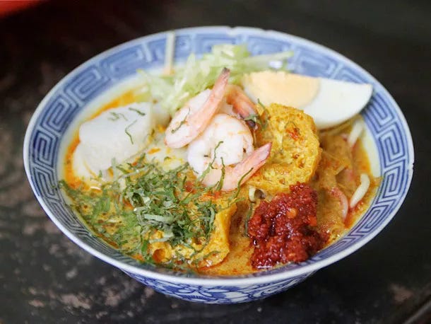 A bowl of Malaysian curry laksa. 