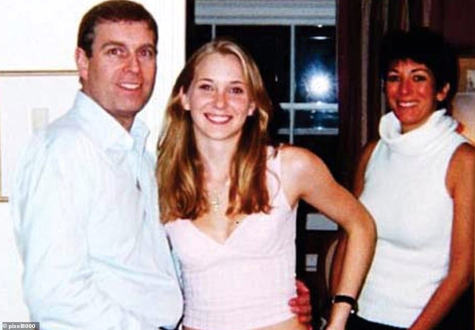 Prince Andrew with his arm around the bare midriff of Virginia Roberts, while Ghislaine Maxwell is grinning in the background