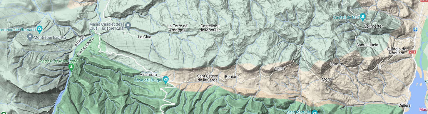 Mapa ombrejat on s’observa l’escletxa que forma la Feixa des de l’extrem est, al pantà de Terradets (Pallars Jussà, Lleida), fins l’extrem oest a la Feixa de Girbeta, (Ribagorça d’Osca).