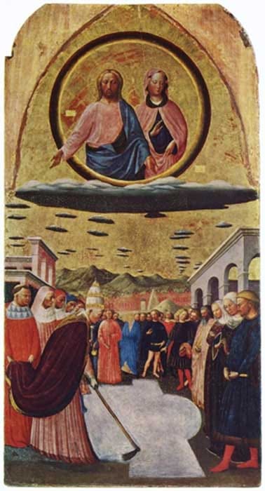 The Miracle of the Snow by Masolino da Panicale. Christ and the Blessed Virgin Mary observe Pope Liberius, who marks in the legendary snowfall the outline of the basilica by Masolino da Panicale (Public Domain)
