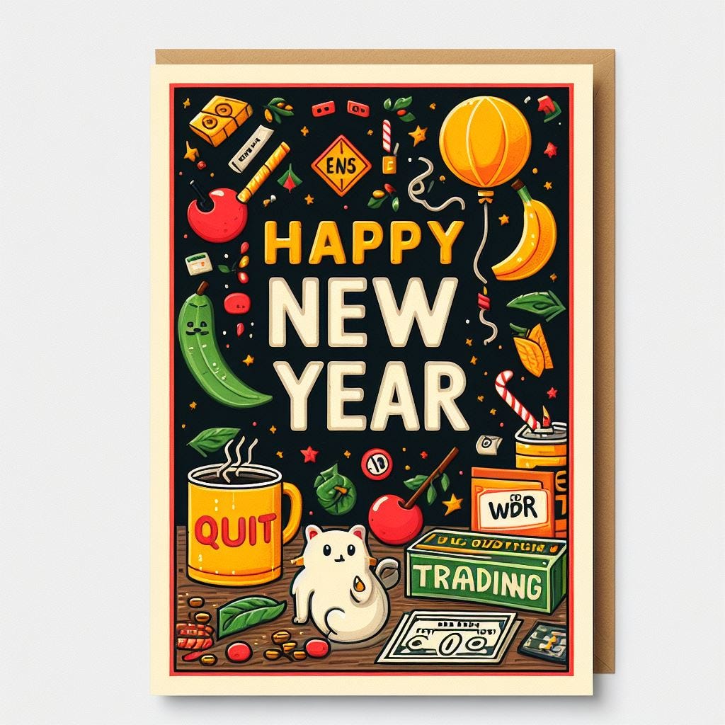 A happy new year card that says 'QUIT' and 'TRADING'