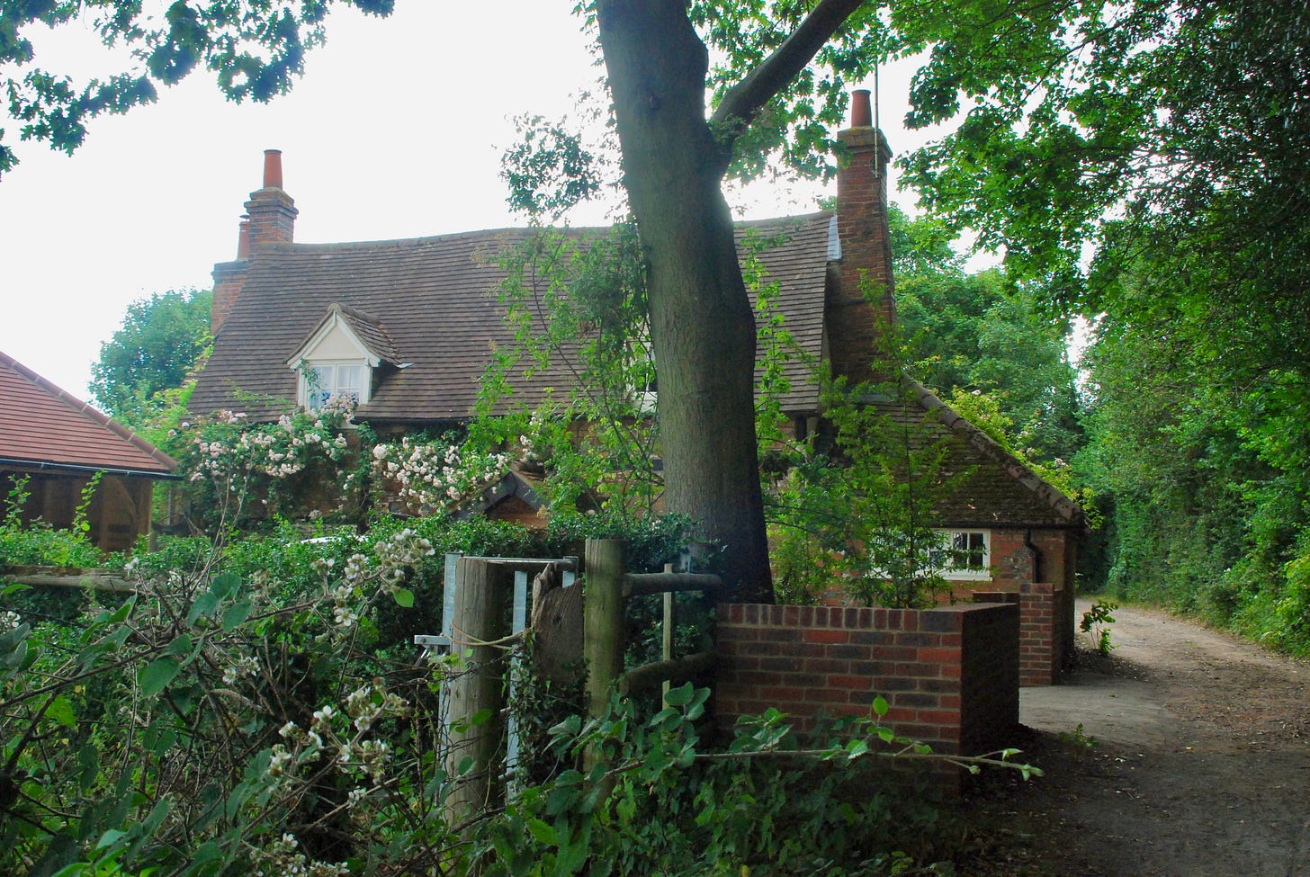 Rose Cottage from the far end of Dog Lane, near the fields. This view of the home is captured on the front of Goudge’s novel, The White Witch, as the cottage inspired the story. 