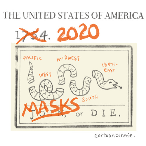 masks or die, commentary on u.s. politics, political cartoon, covid-19 pandemic sketchbook drawing referencing benjamin franklin's 1754 cartoon "join, or die", connie sun, cartoonconnie