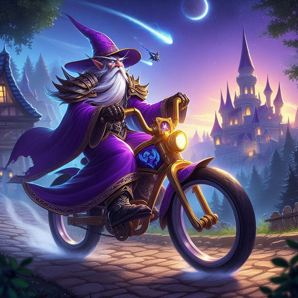 A wizard dressed in purple driving a bike in the campaign, world of warcraft illustration