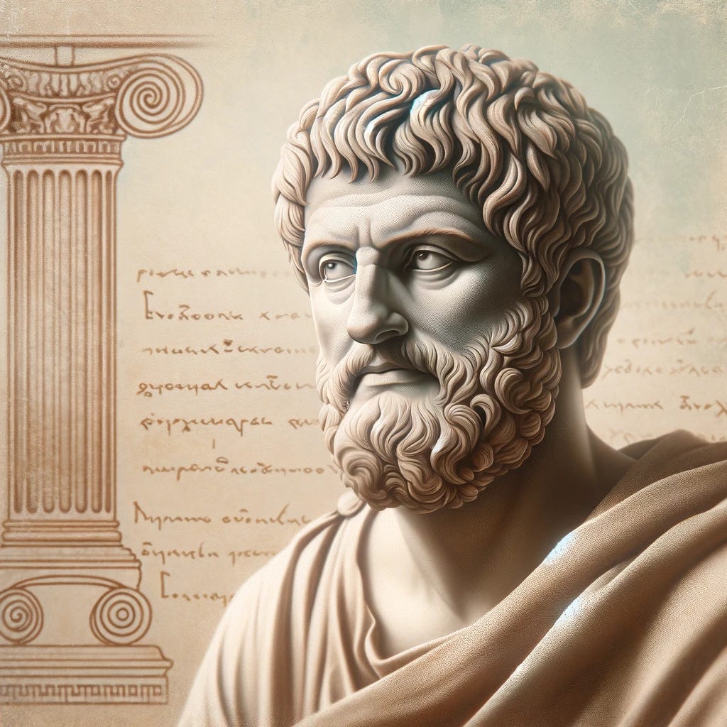 A thoughtful and serene portrait of the philosopher Epictetus, set against a backdrop of ancient Greek elements. The image should capture Epictetus in a contemplative pose, reflecting the depth and tranquility of Stoic philosophy. The setting should include subtle hints of classical architecture or scrolls, enhancing the historical context. The overall tone should be calm and introspective, with soft, natural colors and a minimalist aesthetic, suitable as a cover image for an article about Stoic philosophy.