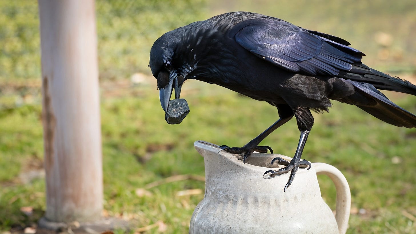 A crow standing on a jug with a stone in its beak.