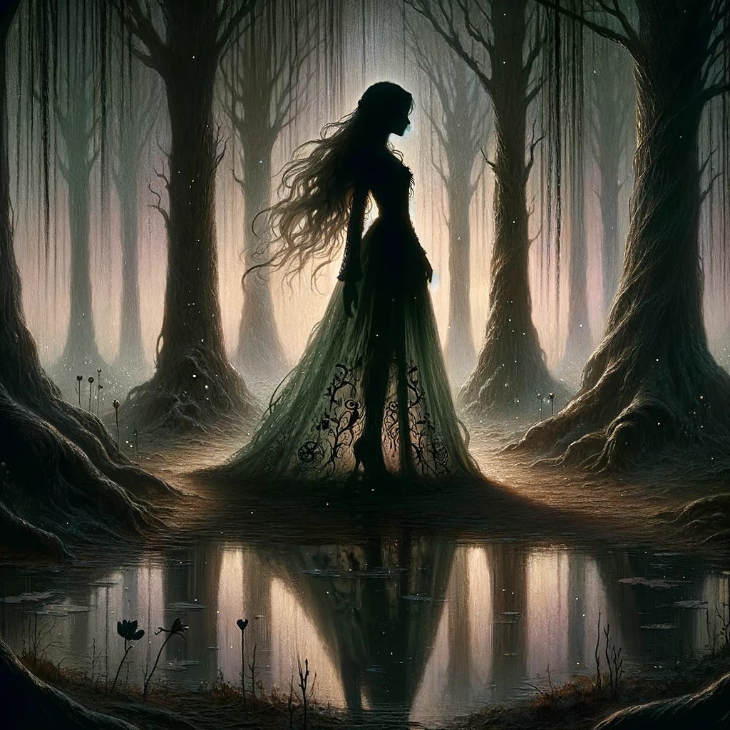 In a fantasy art motif, depict a young Elara as a silhouette in a mystical forest clearing. The clearing is dotted with pools of still water reflecting the ancient trees. Elara, in her youth, stands as a shadowy figure, her silhouette defined by long flowing hair and a posture suggesting contemplation and resolve. Her eyes, barely discernible in the silhouette, hint at a violet glow, embodying the mystery and depth of her character. The backdrop features muted greens and browns of the forest, with the intricate gown she wears suggested in the silhouette, adorned with symbols of dreams and the moon. Surrounding Elara are tiny glowing specks in the air, representing magical energy and dream fragments. The overall atmosphere is one of enigmatic power and secrecy, hinting at the unfolding story within the Weeping Woods.