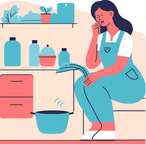 Cartoon image of a woman sat on a chair with gardening gloves on and some plants around her.  she  has black hair, white tshirt and teal dungarees.  Her skin colour is a dark unnatural pink.