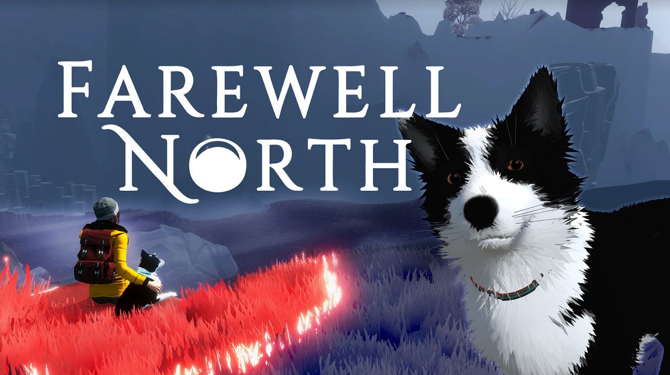 Farewell North key art featuring Chesley the collie looking at the camera.