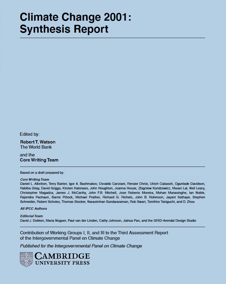 Author credits page for Climate Change 2001: Synthesis Report.