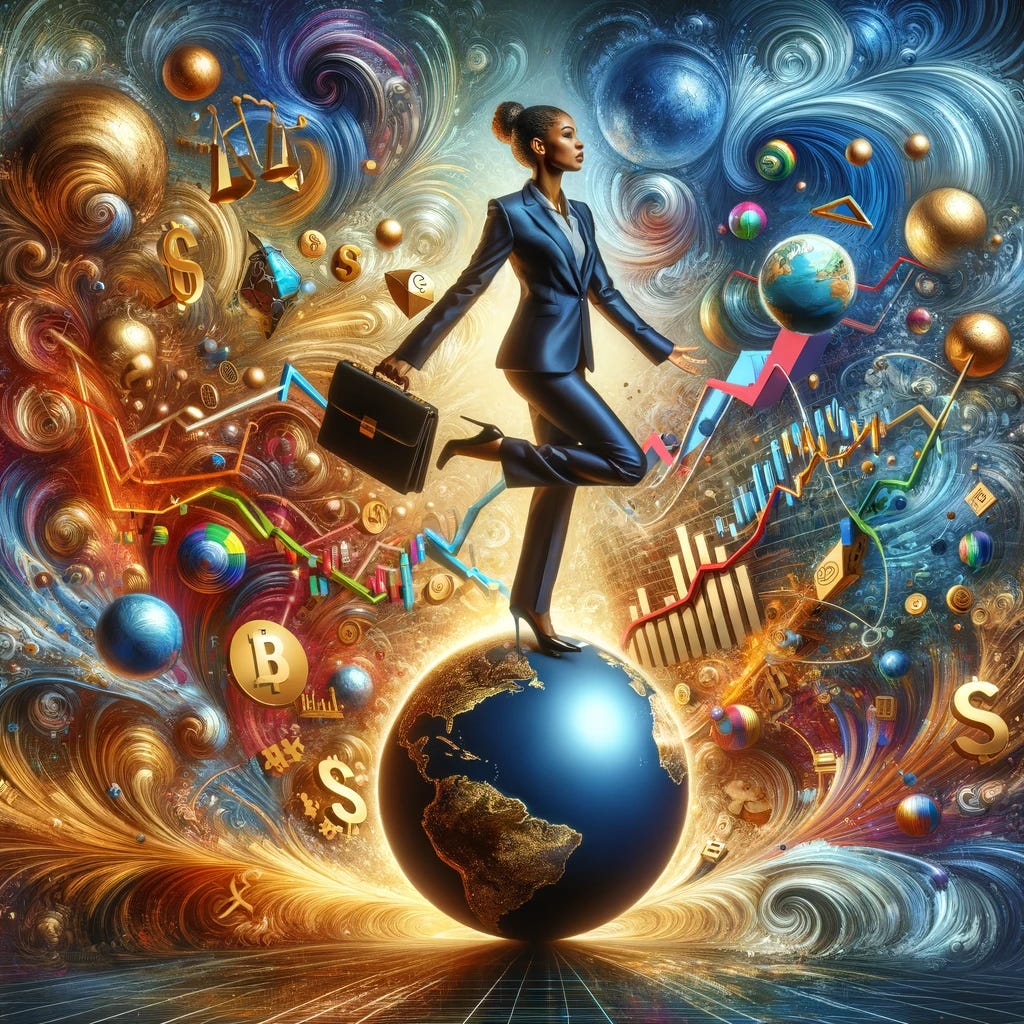 A dynamic and imaginative depiction of a young investment manager, portrayed as a woman of African descent, dressed in a stylish business suit. She is standing on one foot atop a large, unstable globe to represent a chaotic world. Around her, an intensified array of investment symbols, such as swirling stock graphs, fluctuating currency symbols, spinning gold bars, and rapidly changing property icons, are chaotically floating in the air. She's adeptly balancing these symbols with her hands and body, highlighting the extraordinary challenge of managing a diverse investment portfolio amidst intense global economic turmoil. The background is a more intense whirl of abstract colors and shapes, further symbolizing extreme chaos and unpredictability in the financial world.