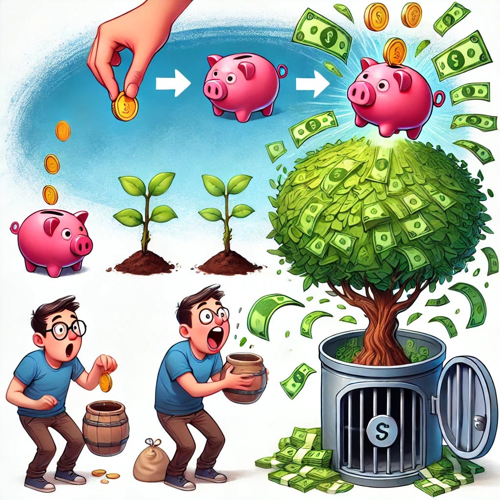 A humorous illustration showing the ripple effect of savings: A person puts a single coin into a piggy bank, causing a series of unexpected chain reactions. First, a small plant grows from the piggy bank, then a tree with money leaves sprouts, and finally, a giant vault appears overflowing with cash. The person looks shocked and delighted as their tiny savings snowball into wealth. The scene is exaggerated and cartoonish, with vibrant colors and whimsical elements.