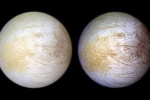 This photograph of the Jovian moon Europa was taken in June 1997 at a range of 776,700 miles by NASA's Galileo spacecraft. Slightly smaller than Earth's moon, Europa has a very smooth surface and the solid ice crust has the appearance of a cracked eggshell. The interior has a global ocean with more water than found on Earth.