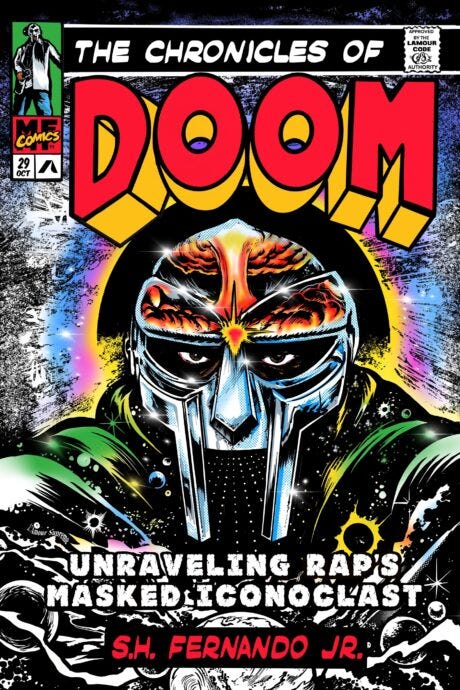 Illustrated front cover of The Chronicles of DOOM showing the masked SUpervillian bursting forth from some outer galaxy