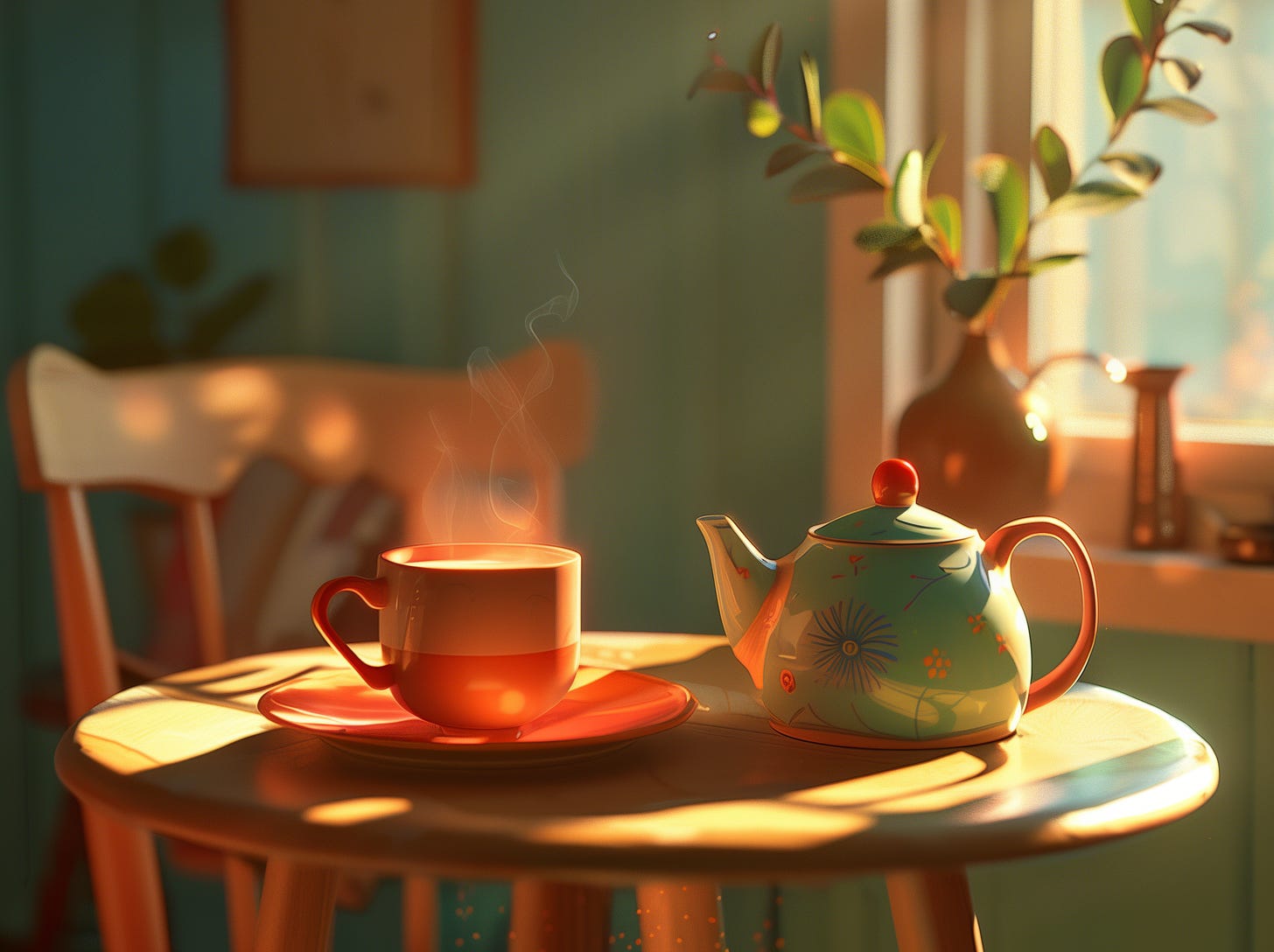 Dappled light shining through window on a small table with a steaming cup of tea and a tea kettle.