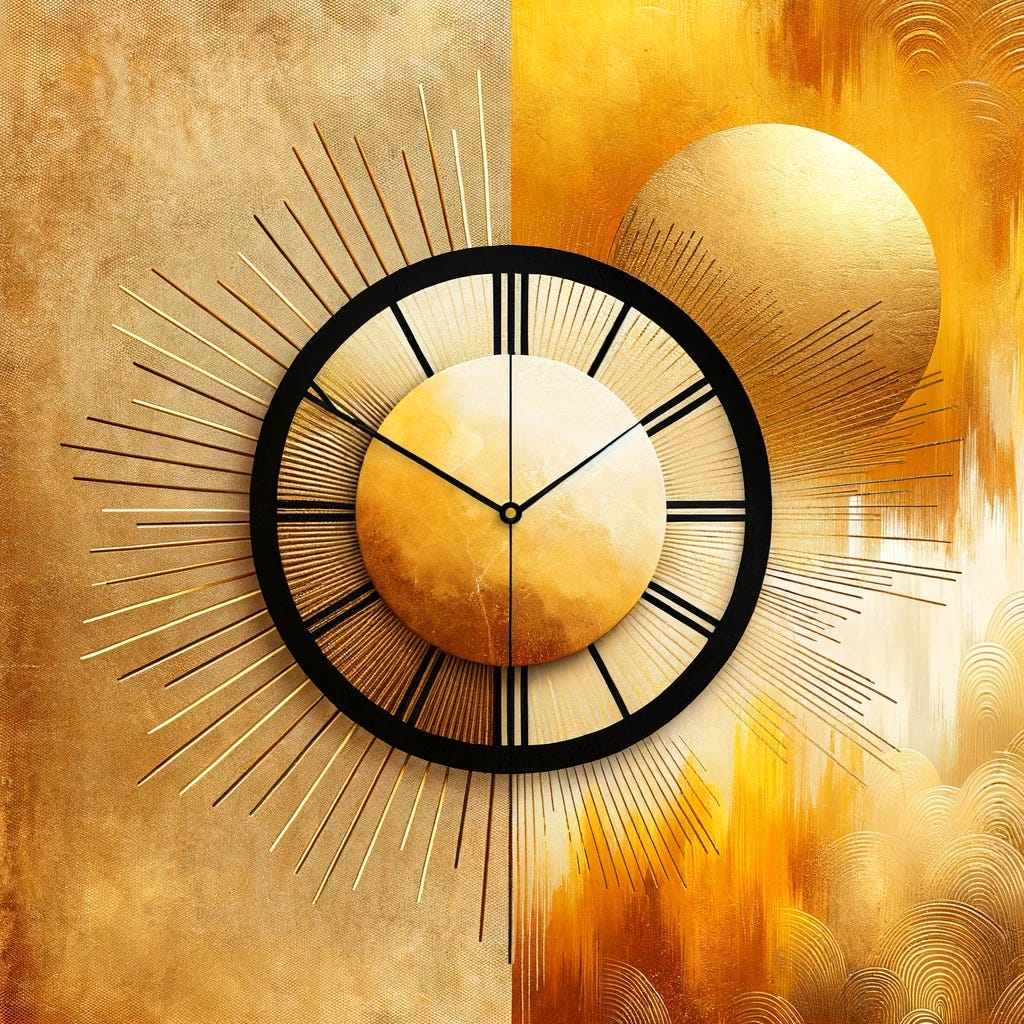 Create an image that combines the minimalist clock face from the first image, with its clean lines and dawn motif, and place it against the vibrant, textured golden background of the second image. The clock should be central and prominent, with the golden rays and textures serving as a backdrop that complements the clock's symbolism of a new beginning.