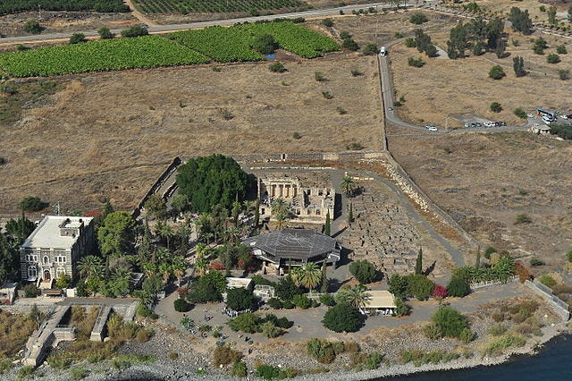 An aerial picture of ruins of a synagogue in Capernaum. 