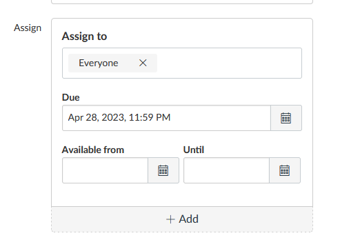 Screenshot of the "Assign" section in a Bruin Learn activity. This is where you set the activity's due date.