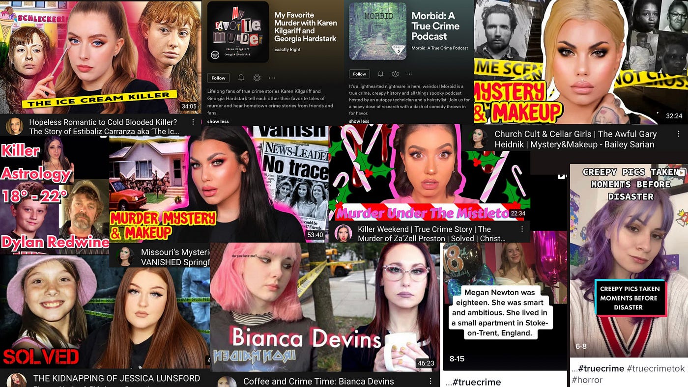 A colorful collage of YouTube thumbnails, TikTok videos and podcast descriptions from true crime content creators.