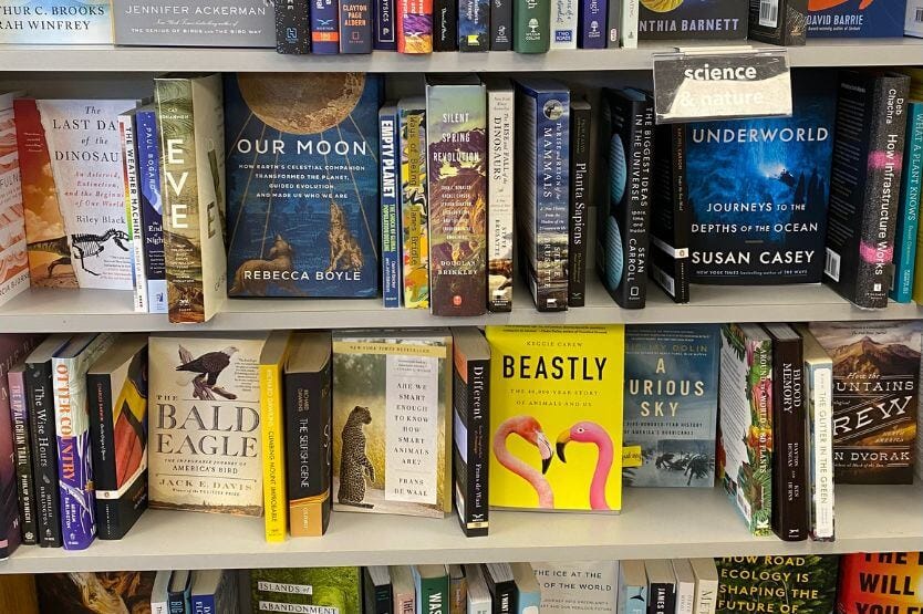 A photo of the science and nature section at Longfellow Books in Portland Maine