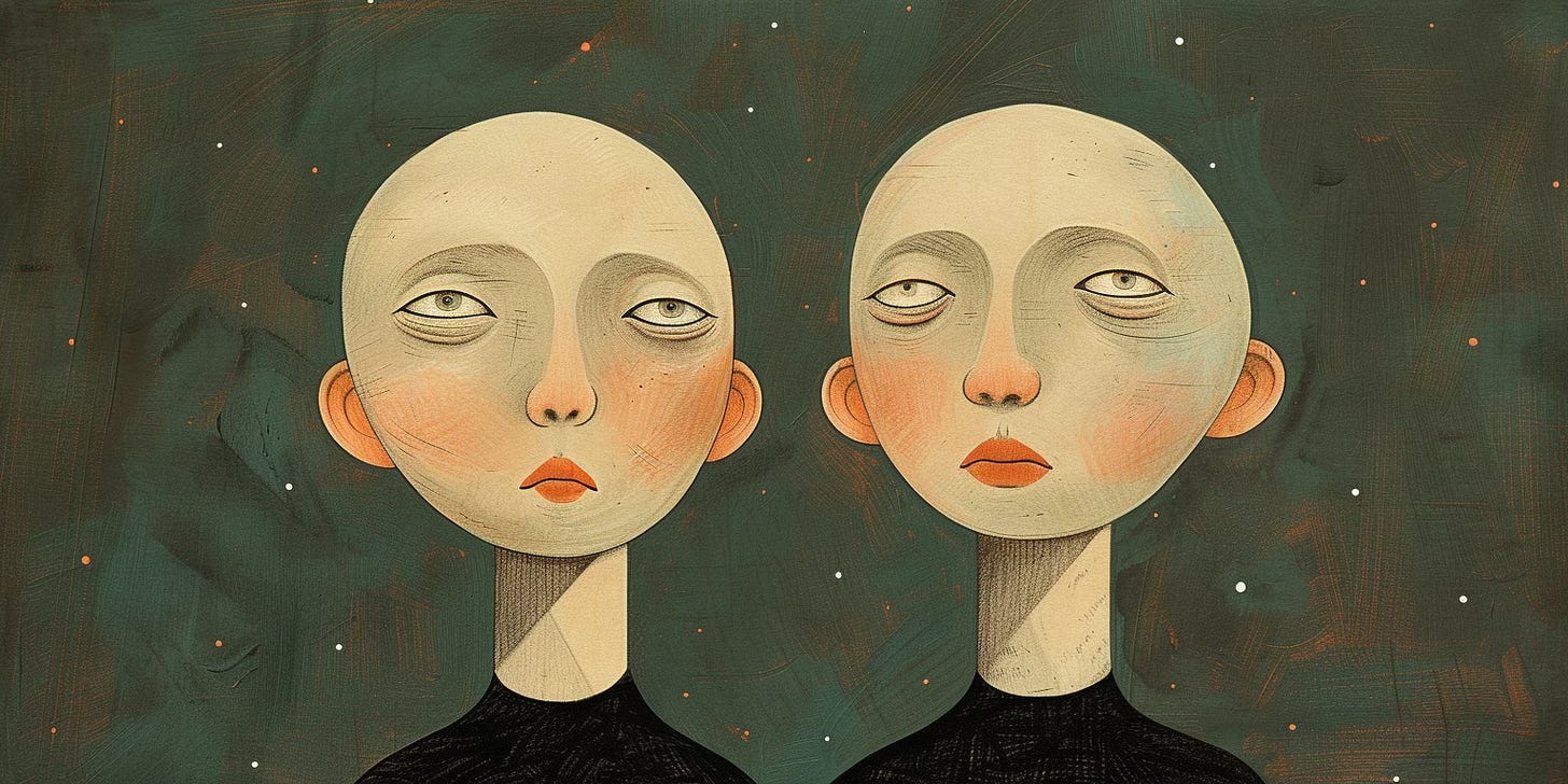 a pair of identical androgynous twins in a naive art style