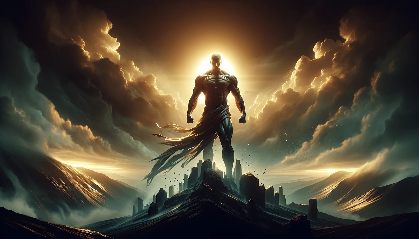 A powerful, muscular figure stands on a rocky peak with tattered clothing flowing in the wind. The sun rises dramatically behind, casting a golden glow and illuminating the stormy, cloud-filled sky. The landscape below features rugged mountains and ancient ruins, creating an epic and heroic scene.