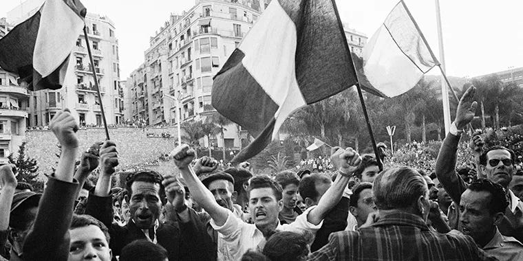 A demonstration in Algiers on April 26, 1958, during the Algerian War, a conflict between France and Algerian independence movements from 1954 to 1962.
