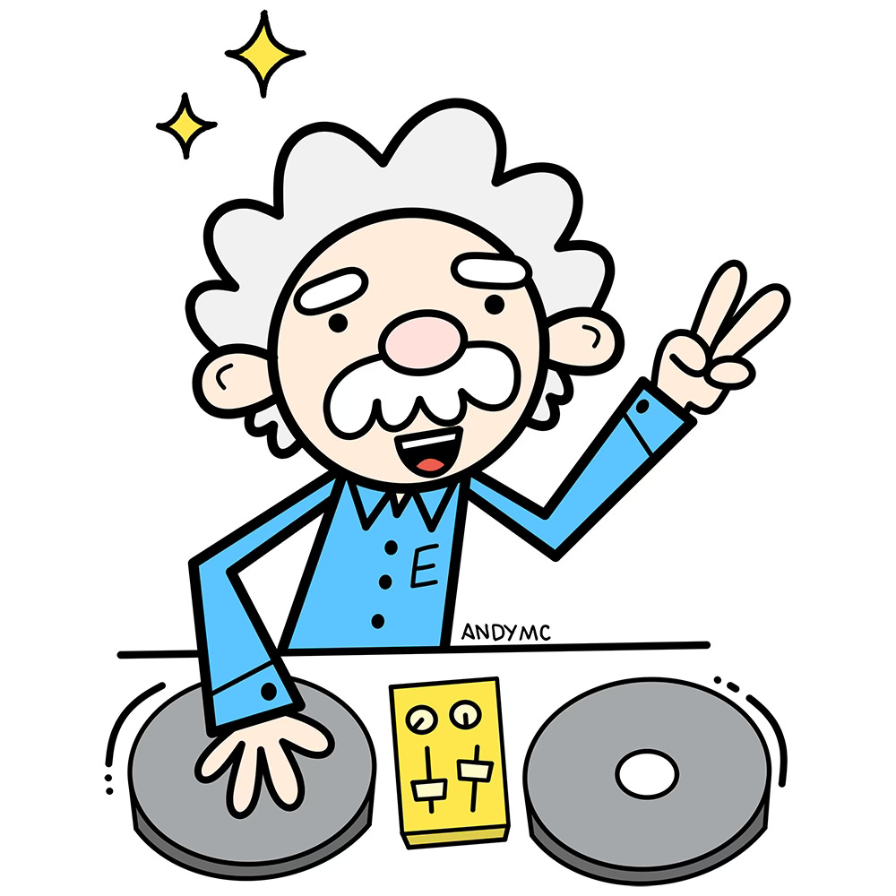 An illustration of Einstein spinning records as a DJ.
